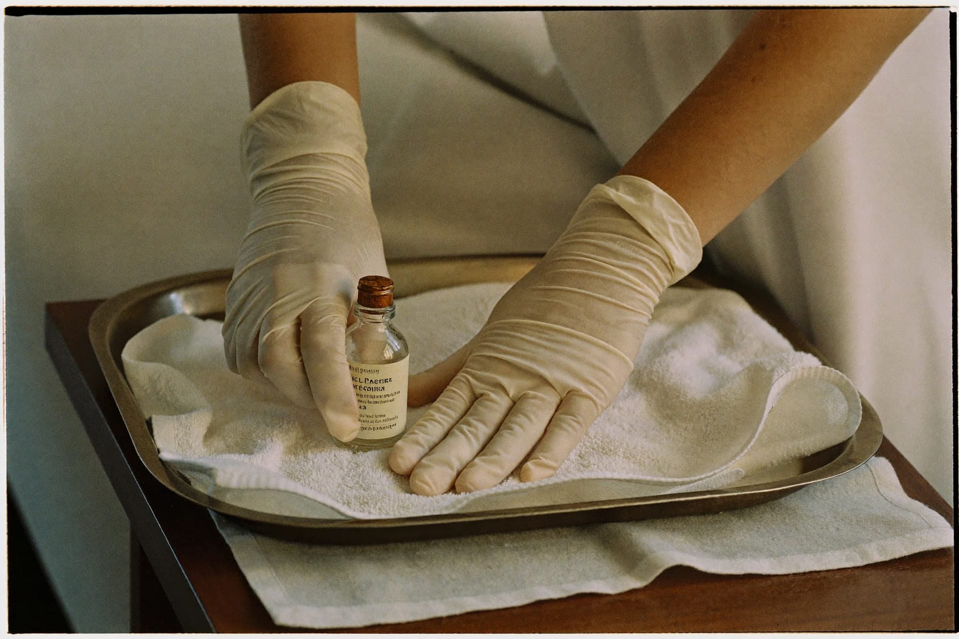 Gloved hands preparing a treatment tray with a small glass bottle and a folded towel
